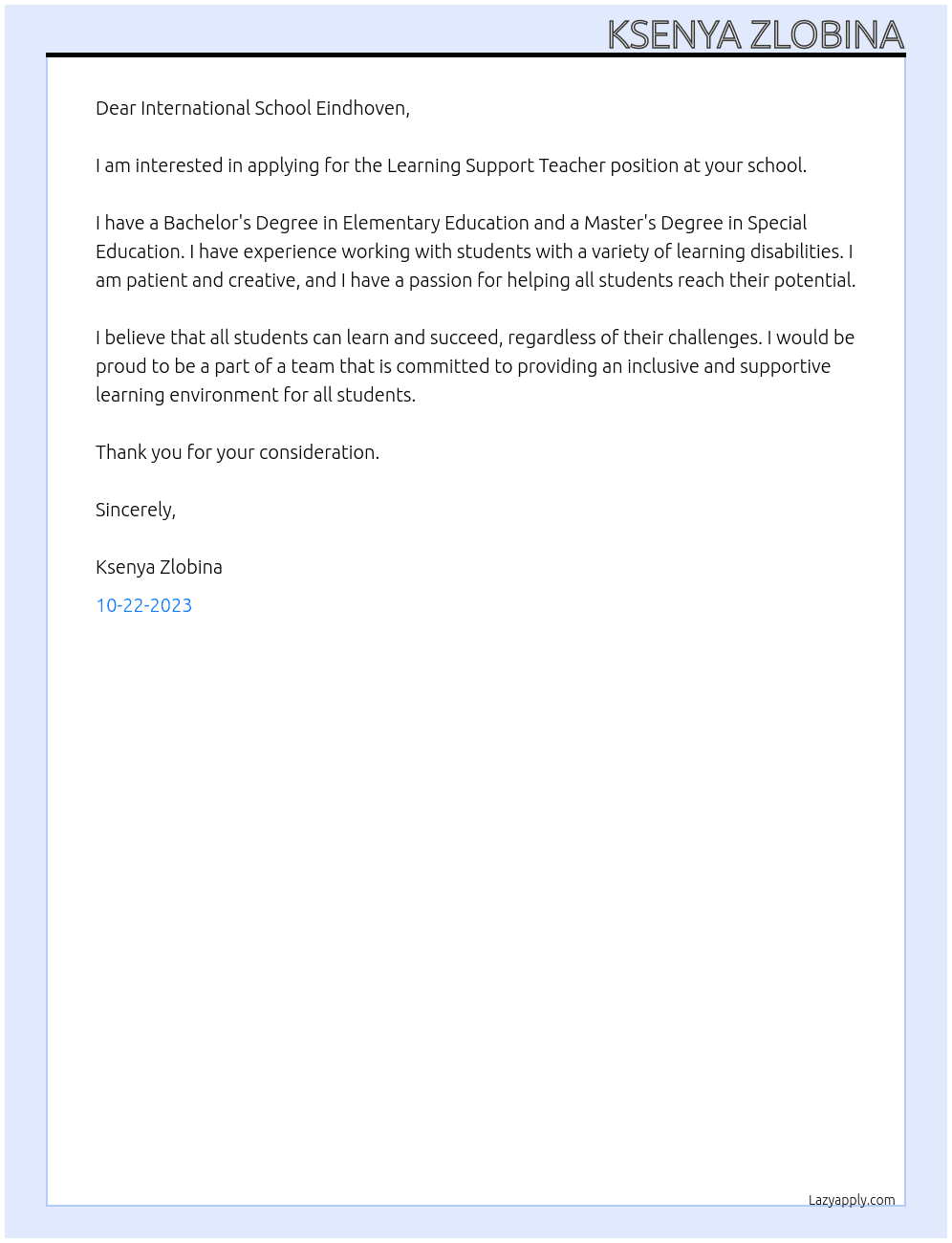 Learning Support Teacher At The International School Eindhoven Cover Letter