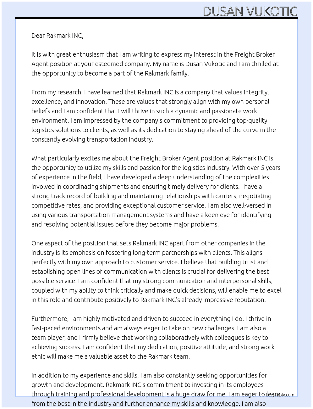 Freight Broker Agent At Rakmark INC Cover Letter