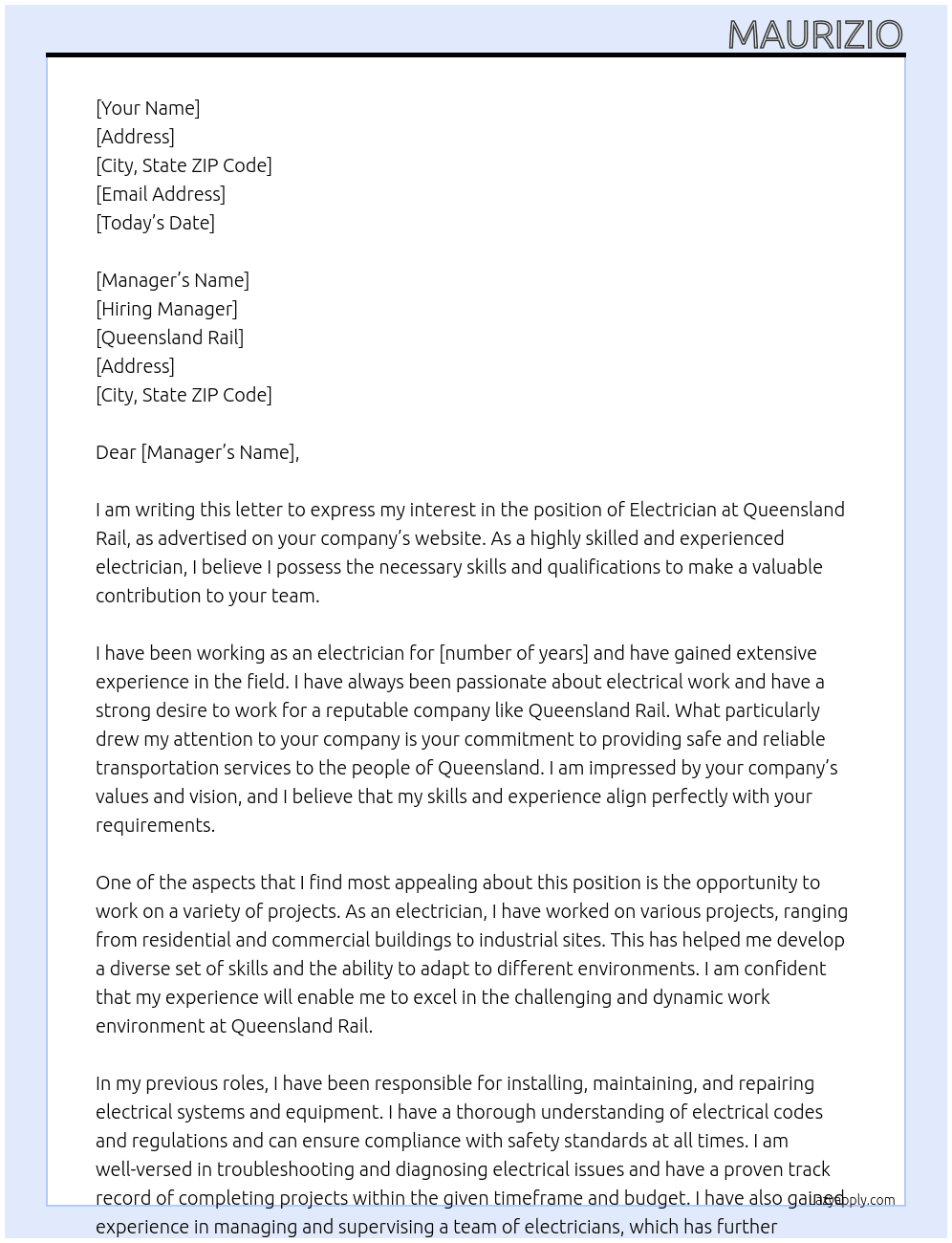 Electrician At Queensland Rail Cover Letter