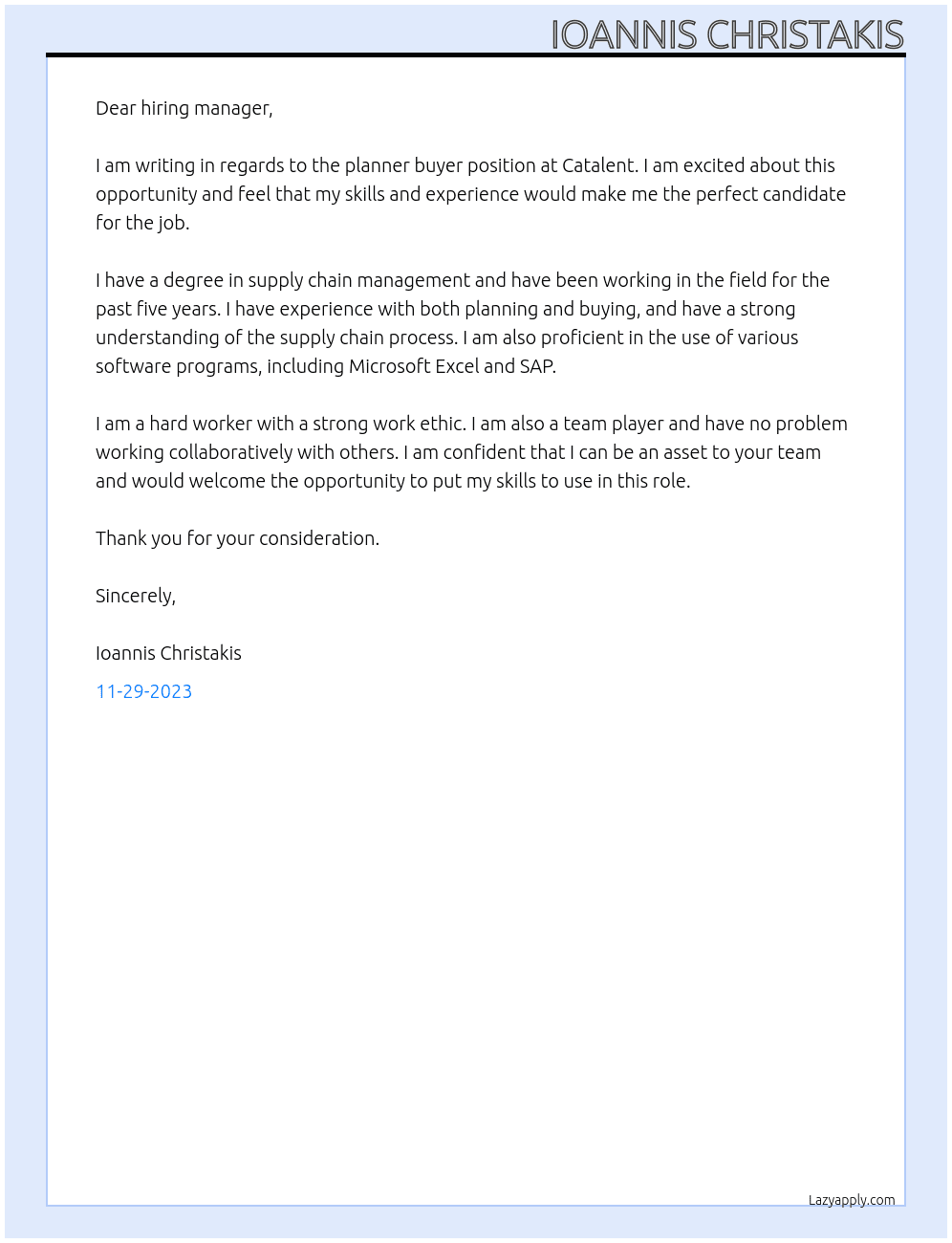 Planner Buyer At Catalent Cover Letter
