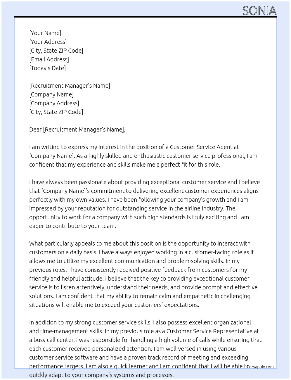 customer service agent At airline Cover Letter