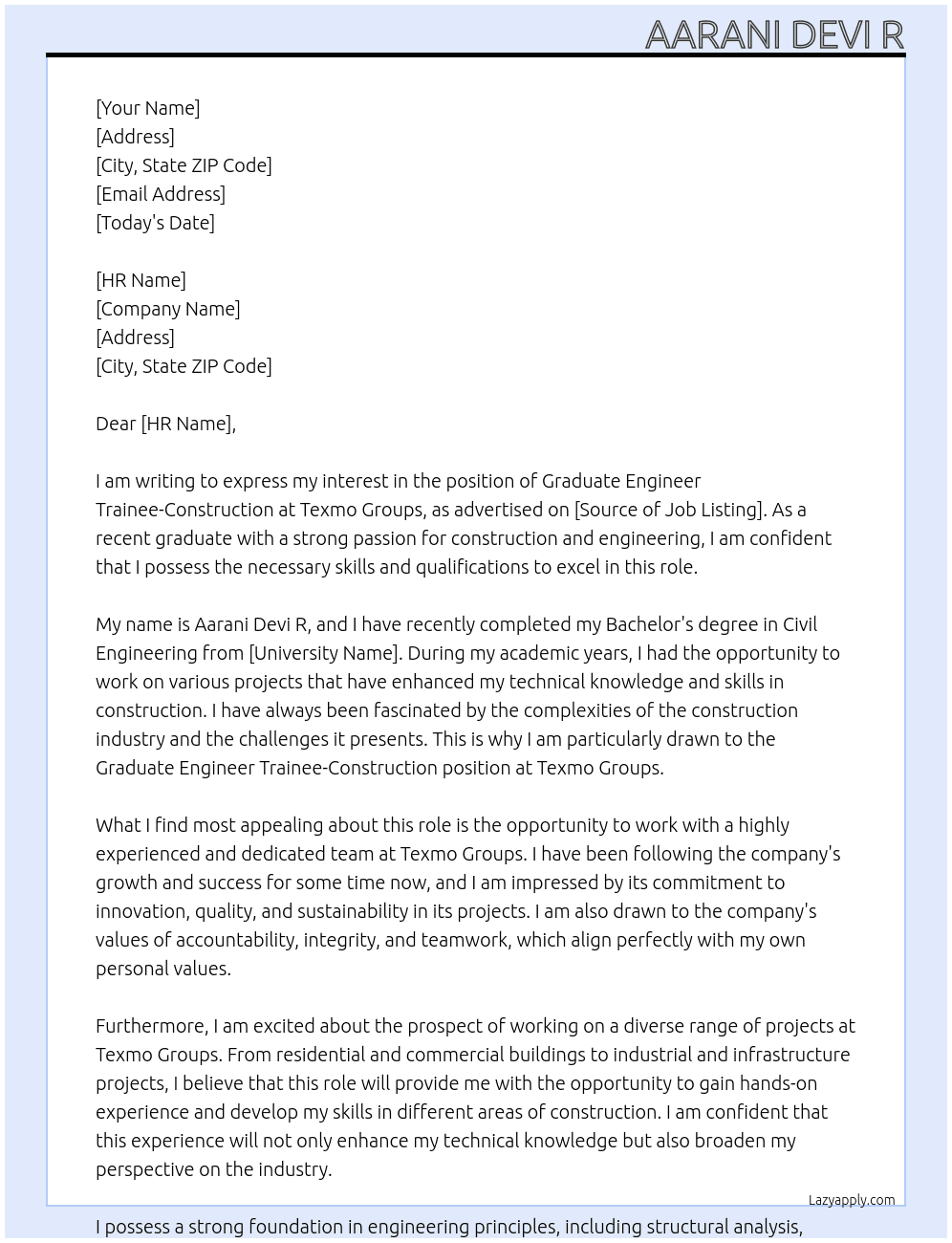 GRADUATE ENGINEER TRAINEE-CONSTRUCTION At TEXMO GROUPS Cover Letter