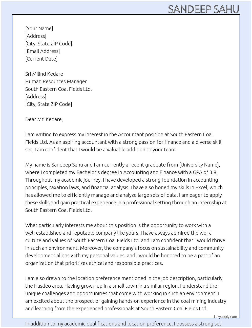 ACCOUNTANT  At South eastern coal fields Ltd Cover Letter