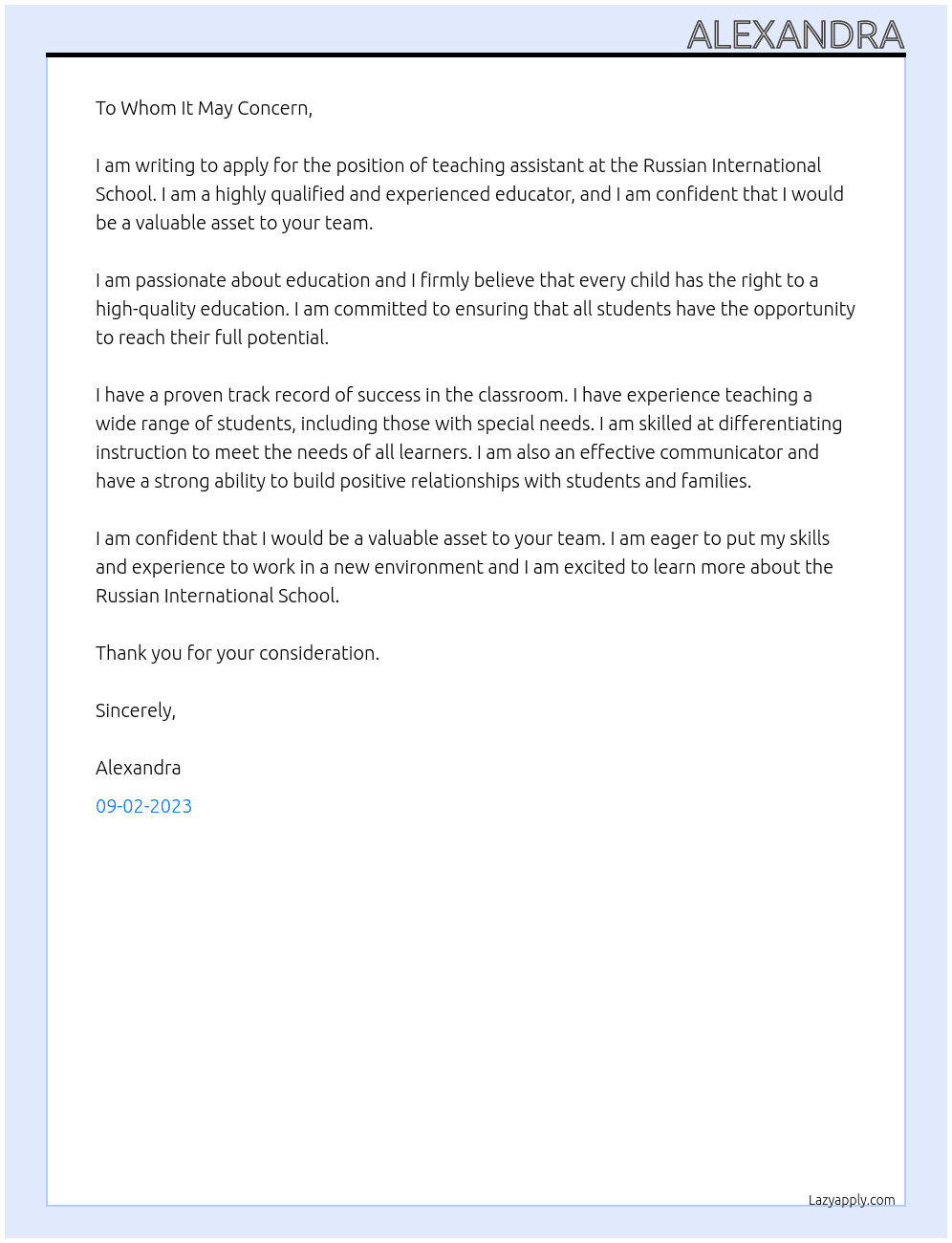 Teaching assistant At Russian International School Cover Letter