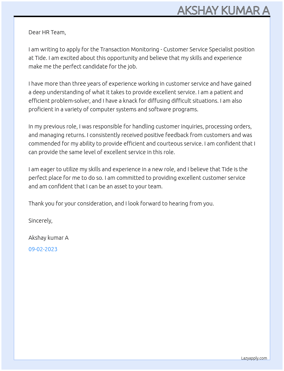 Transaction Monitoring - Customer Service Specialist At Tide Cover Letter