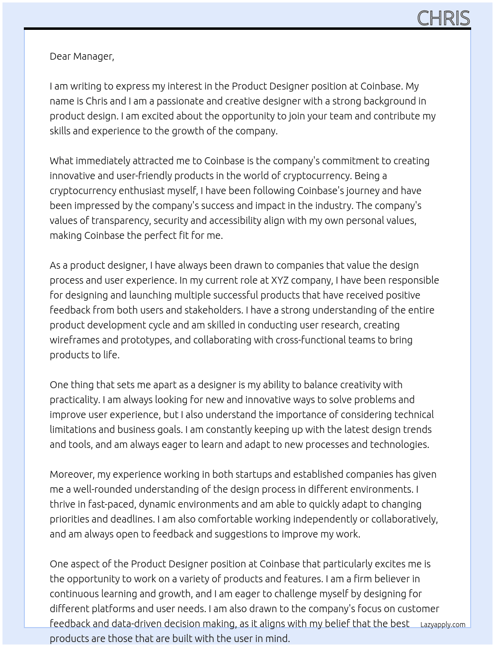 Product designer At Coinbase Cover Letter