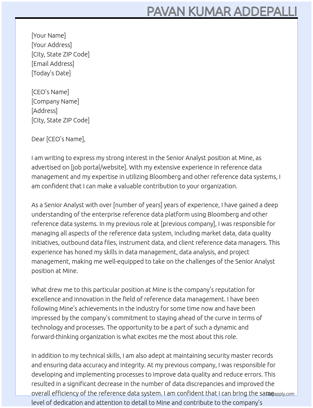 Senior Analyst At Mine Cover Letter