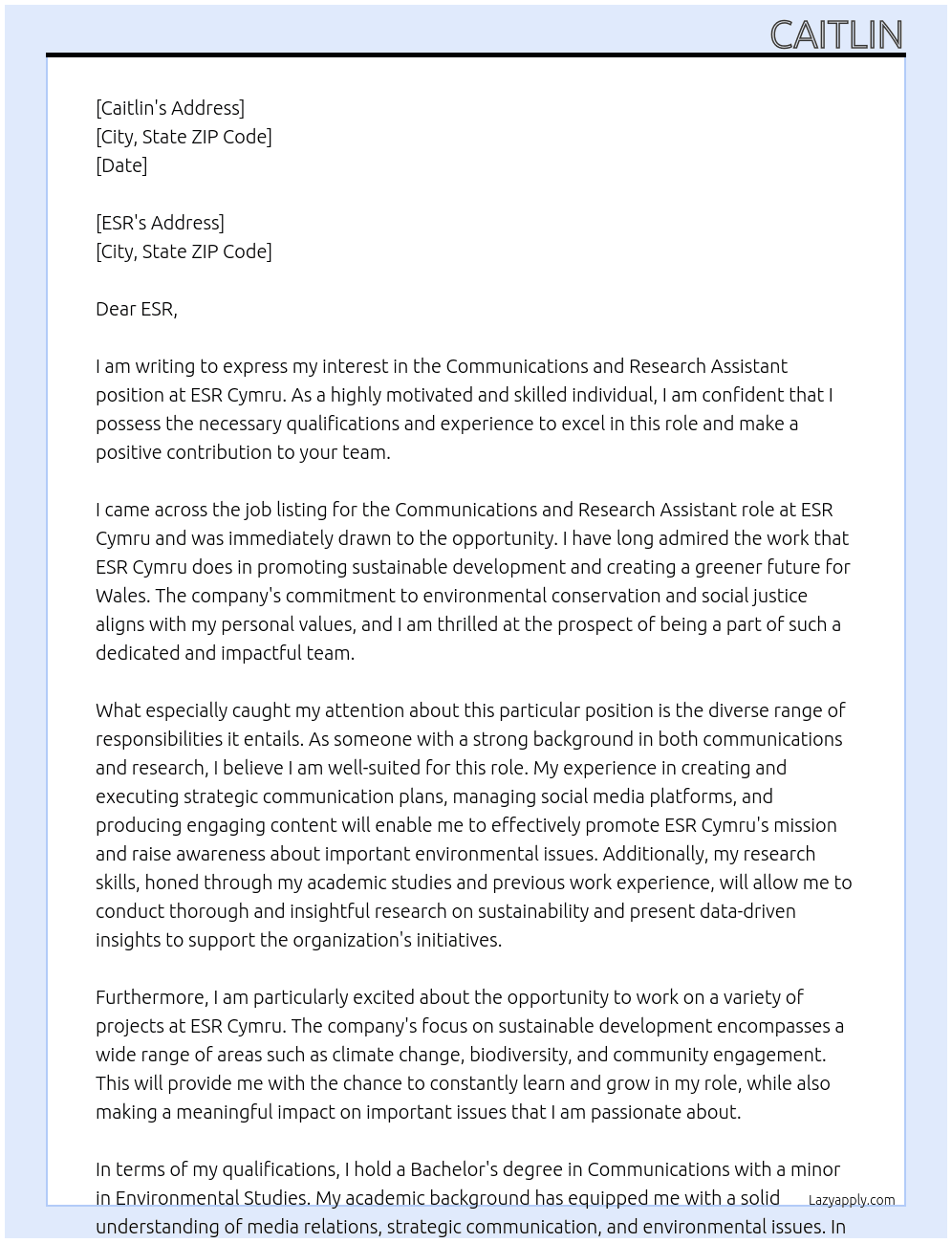Communications and Research Assistant At ESR Cymru Cover Letter