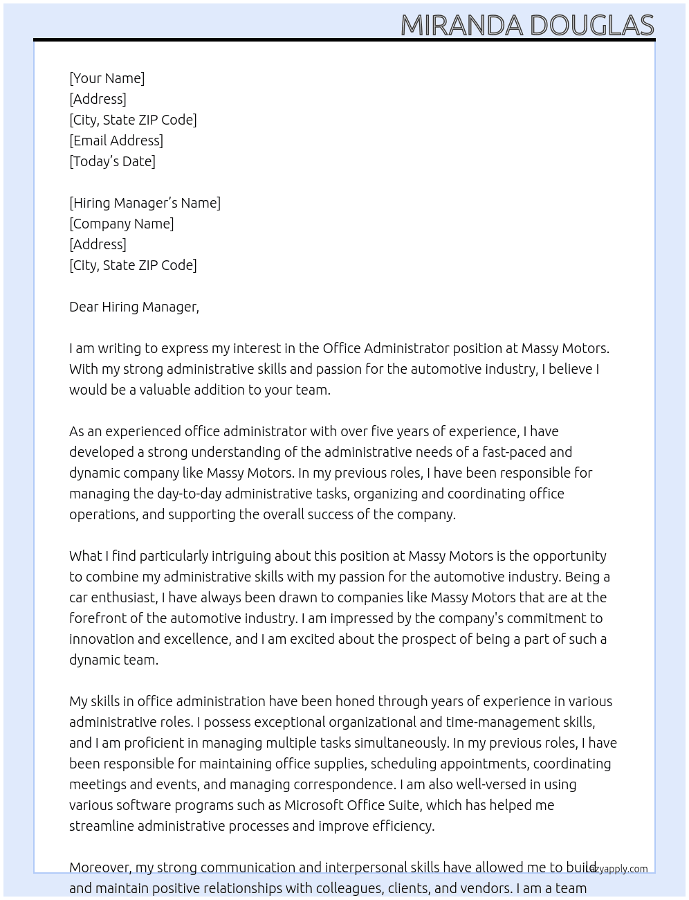 Office Administrator At Massy Motors Cover Letter