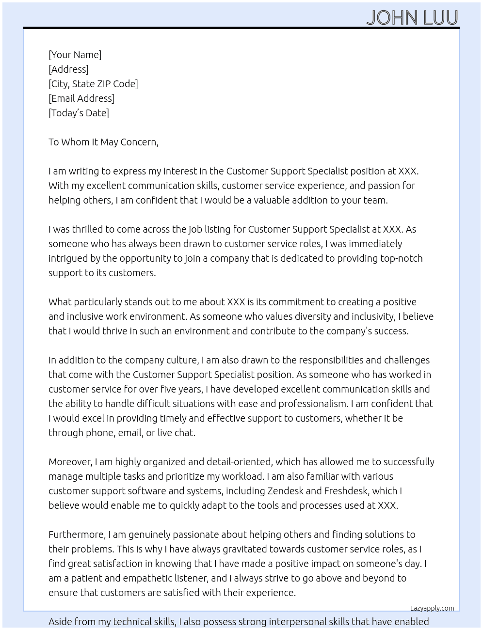 Customer Support Specialist At XXX Cover Letter