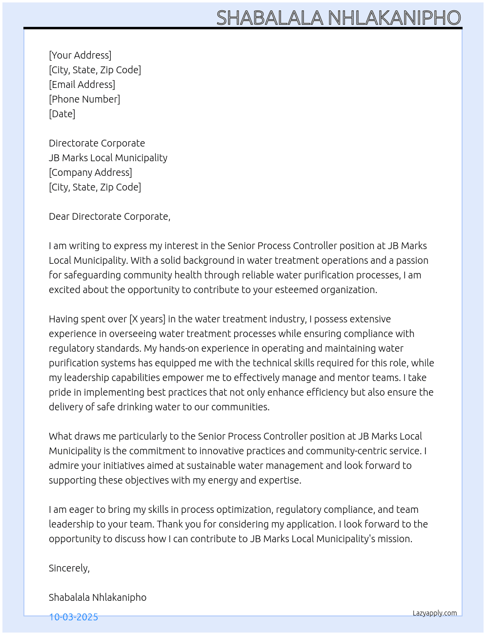 Senior Process Controller: Water Purification Plant At JB Marks Local Municipality Cover Letter
