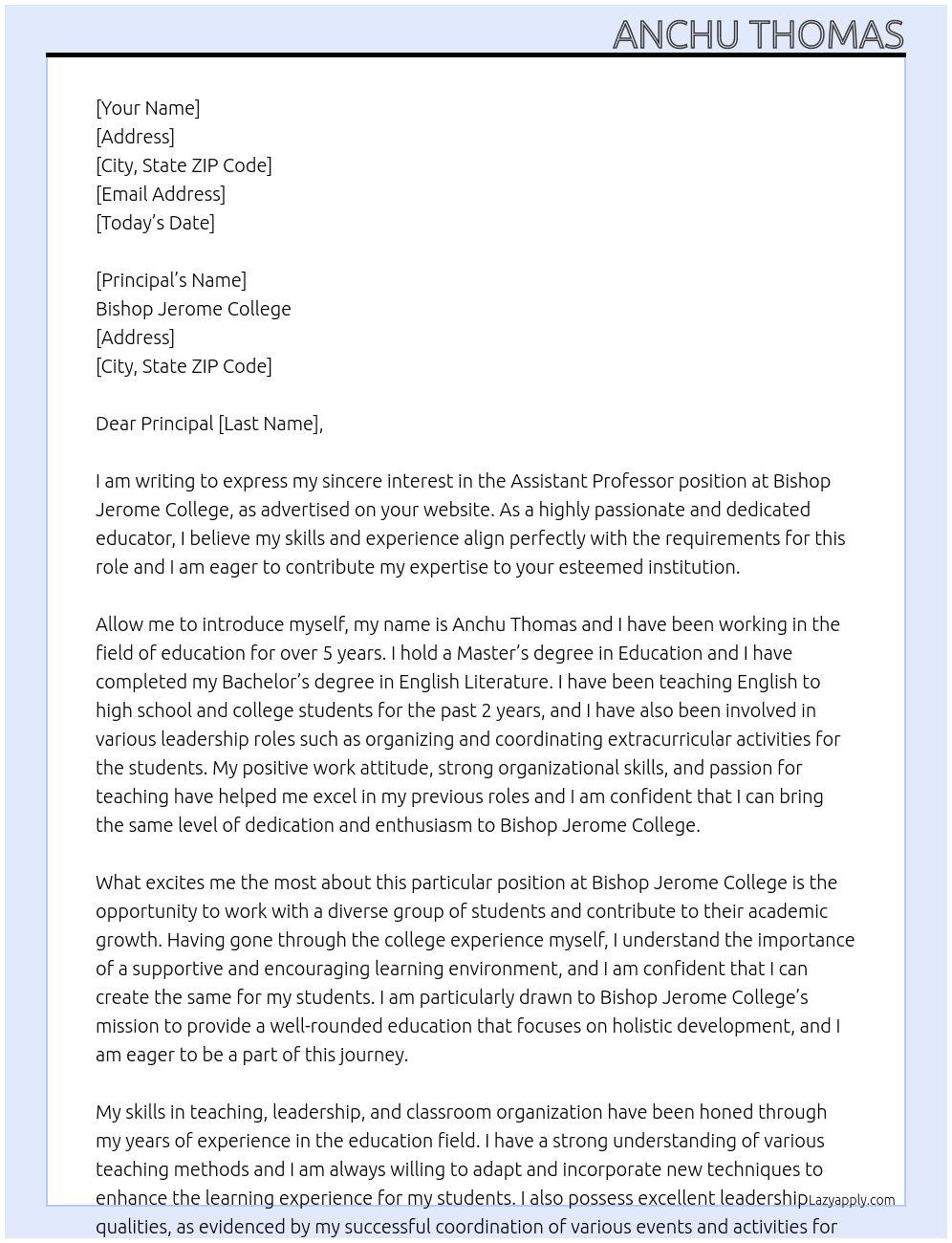 Assistant professor At Bishop Jerome college  Cover Letter