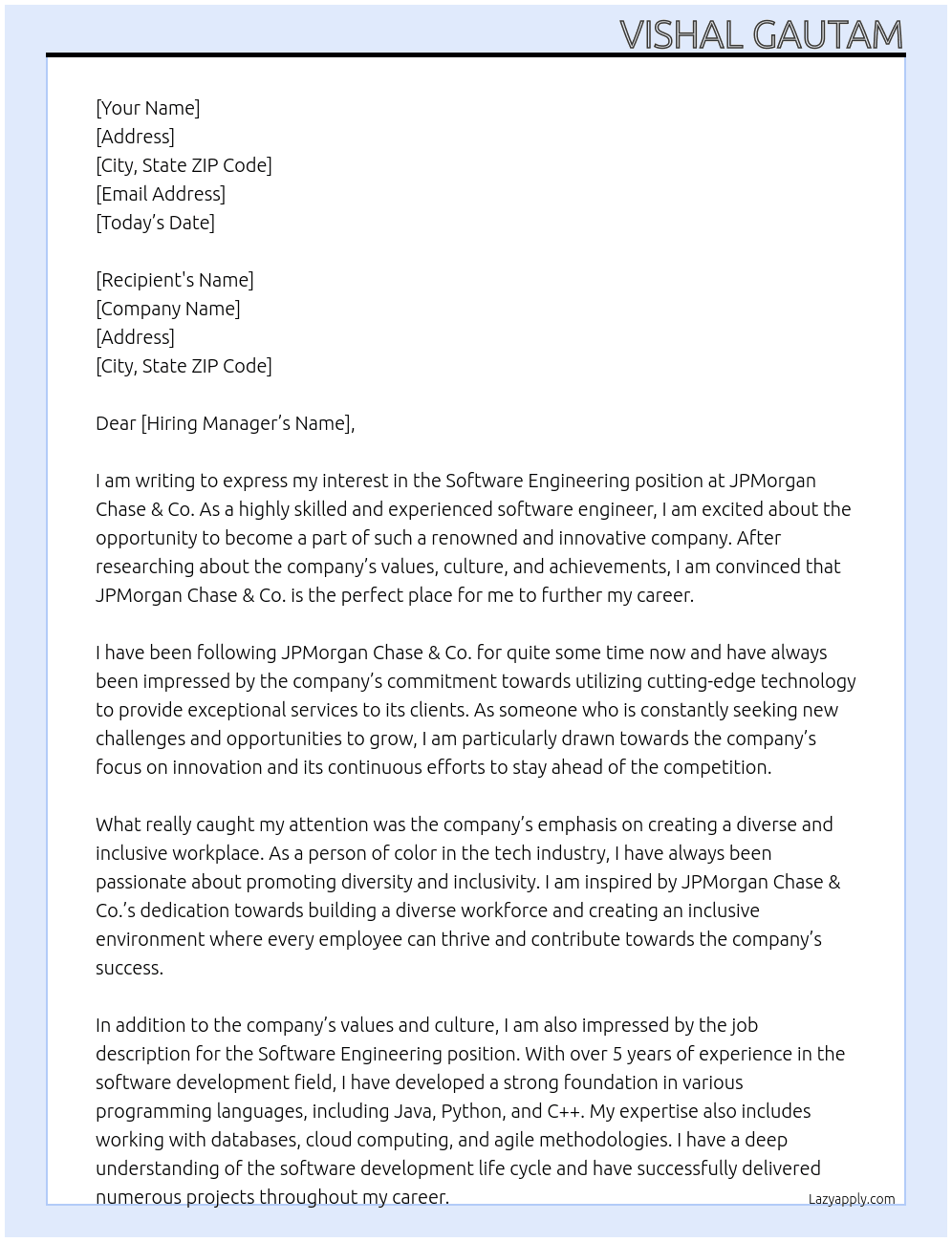 Software Engineering At JPMorgan Chase & Co.  Cover Letter
