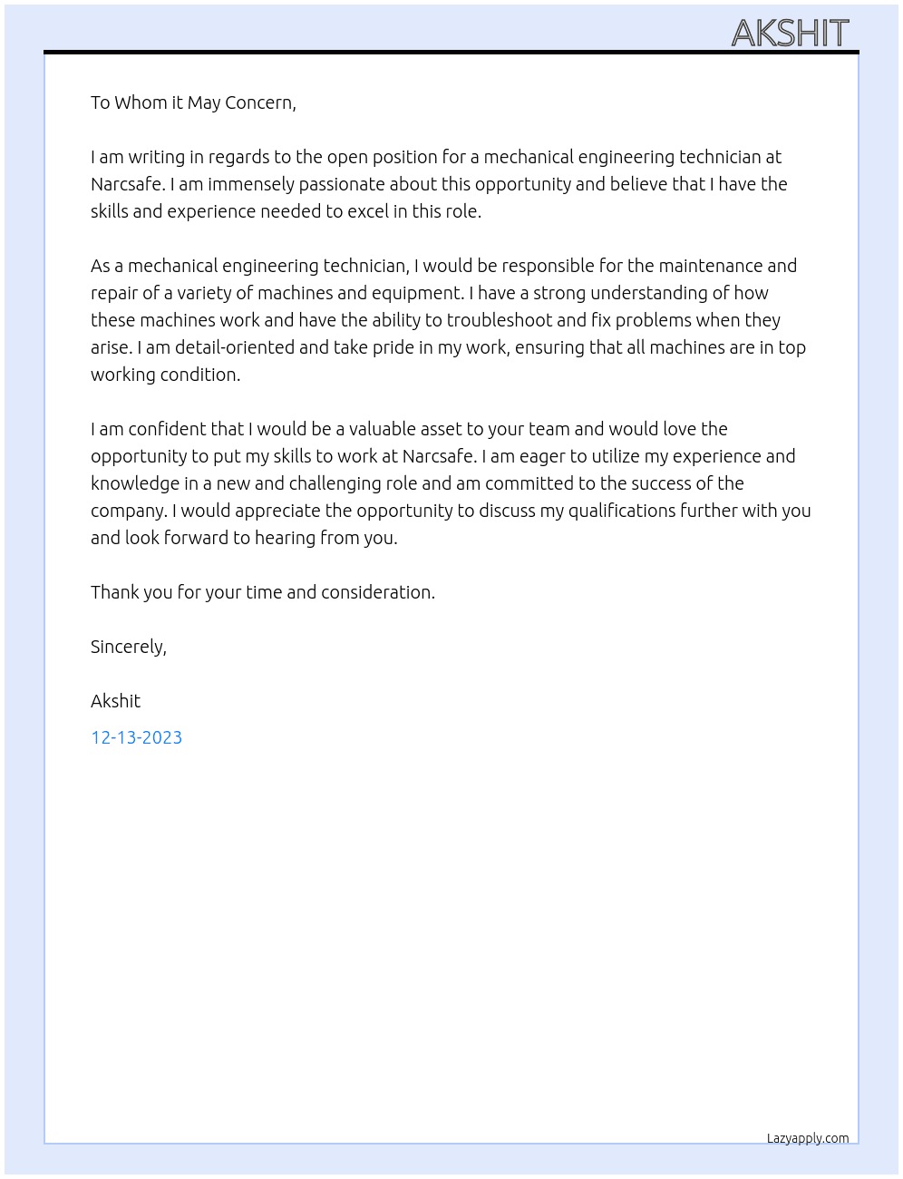 Mechanical engineering technician  At Narcsafe  Cover Letter