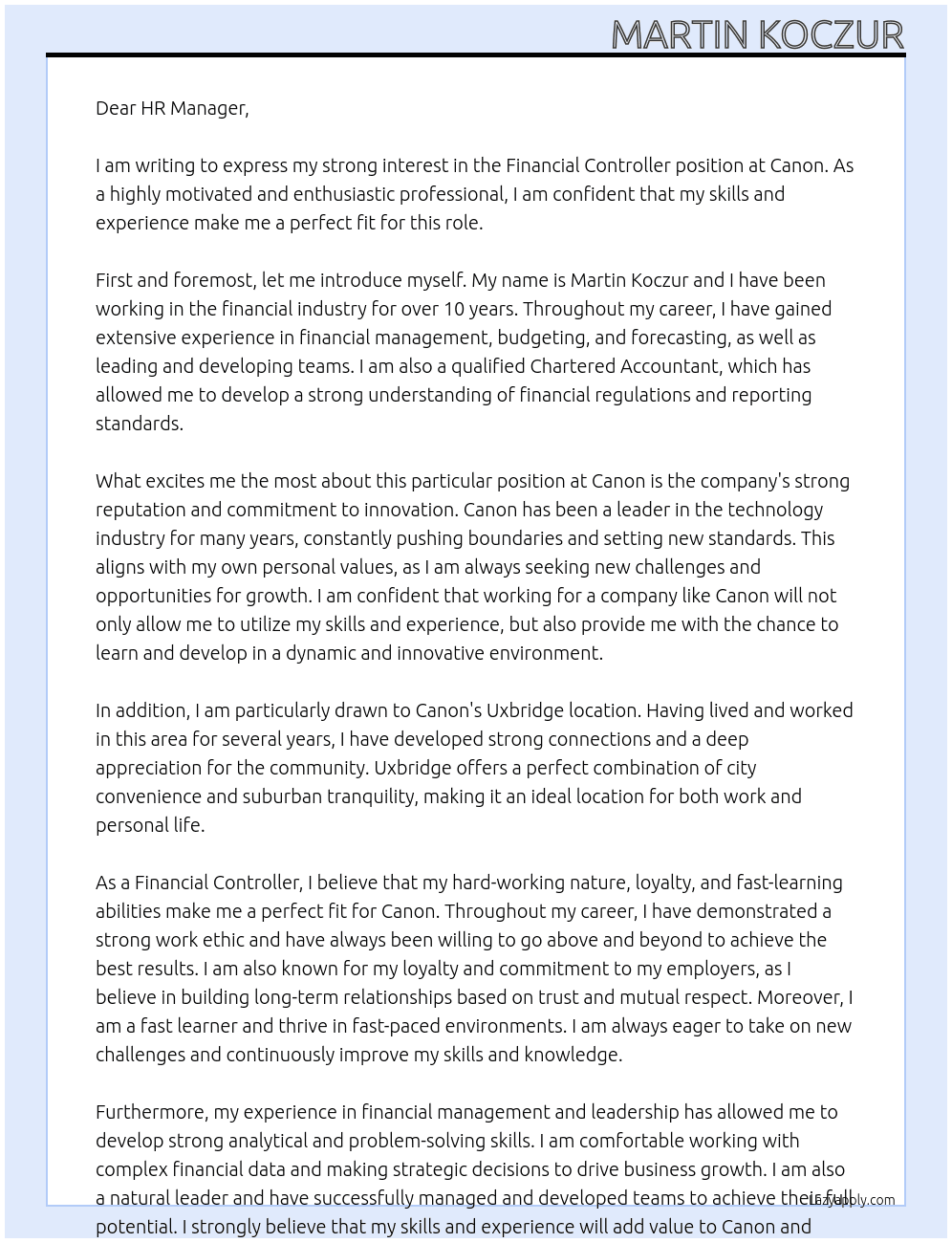 Financial Controller At Canon Cover Letter
