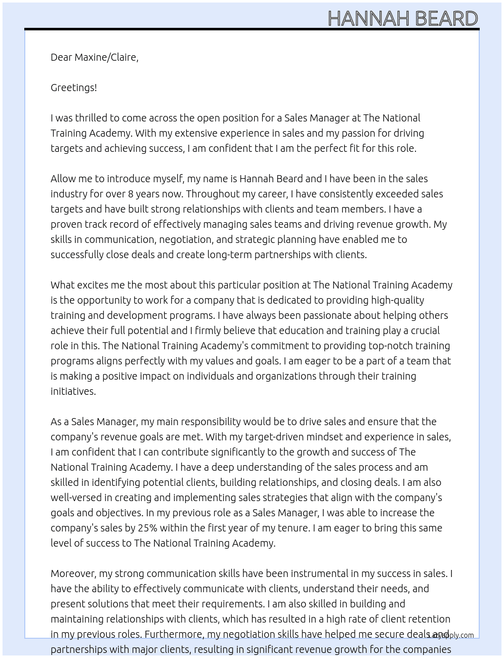 Sales Manager At The National Training Academy Cover Letter