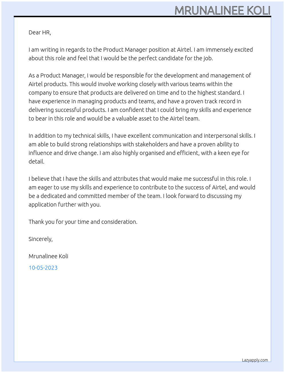 Product Manager At Airtel Cover Letter