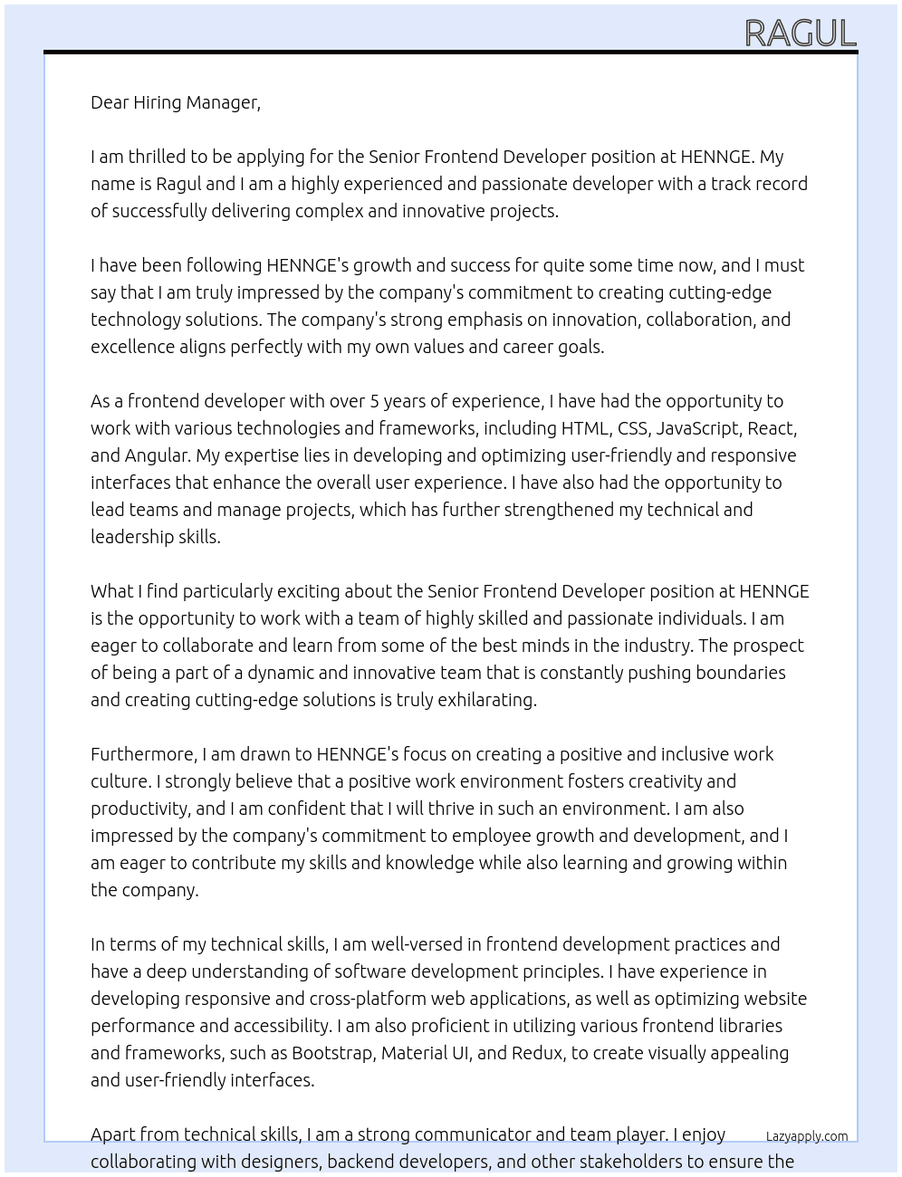 Senior Frontend Developer At HENNGE Cover Letter