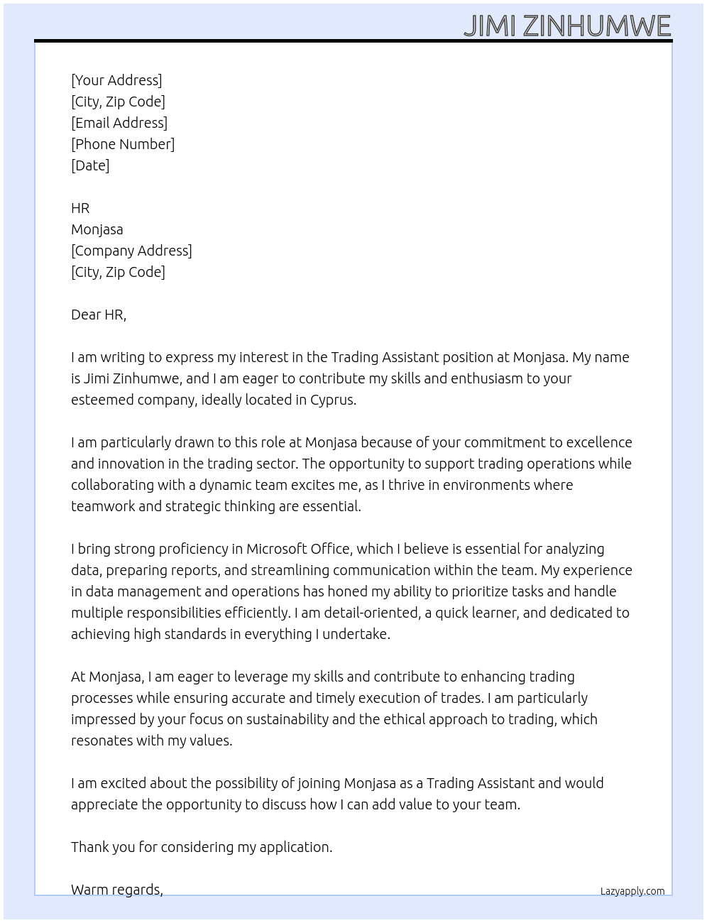 Cover letter for trading assistant - LazyApply