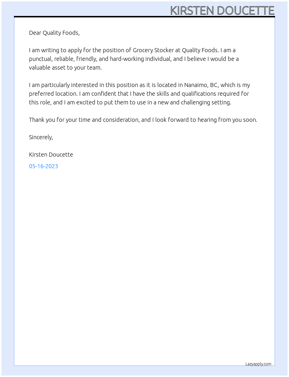 Grocery Stocker At Quality Foods Cover Letter