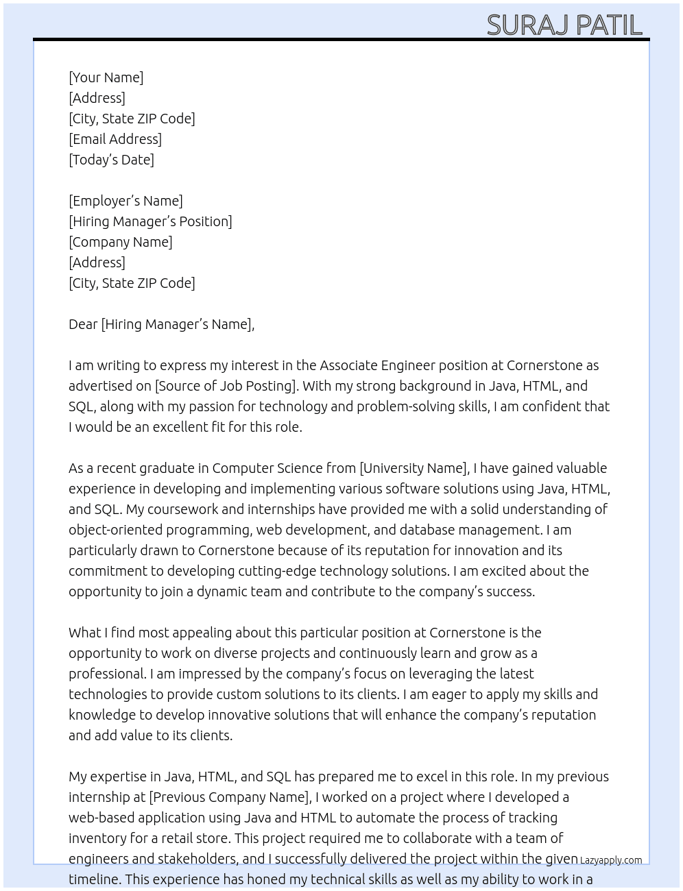Associate engineer  At Cornerstone  Cover Letter