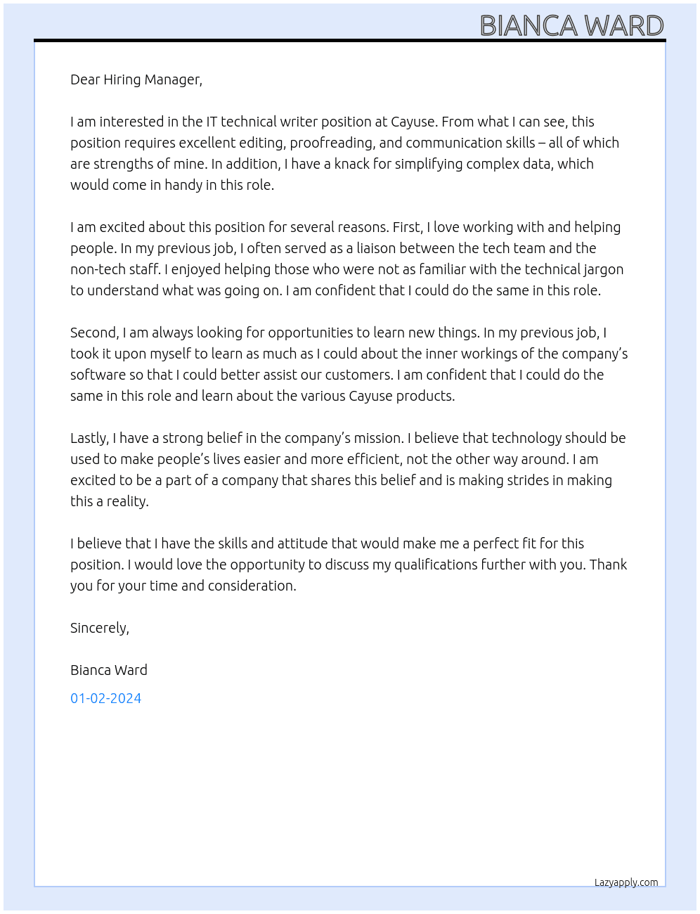 IT technical writer At Cayuse Cover Letter