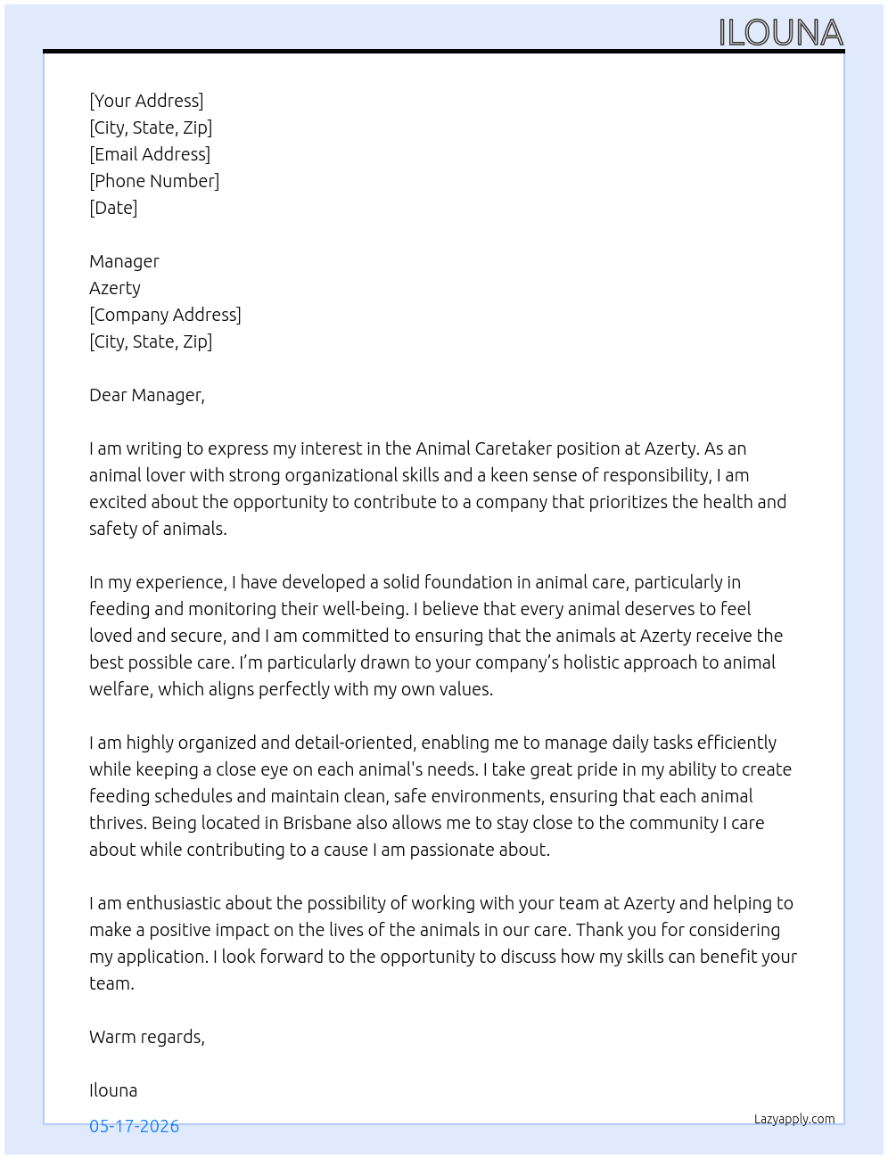 Animal Caretaker At Azerty Cover Letter