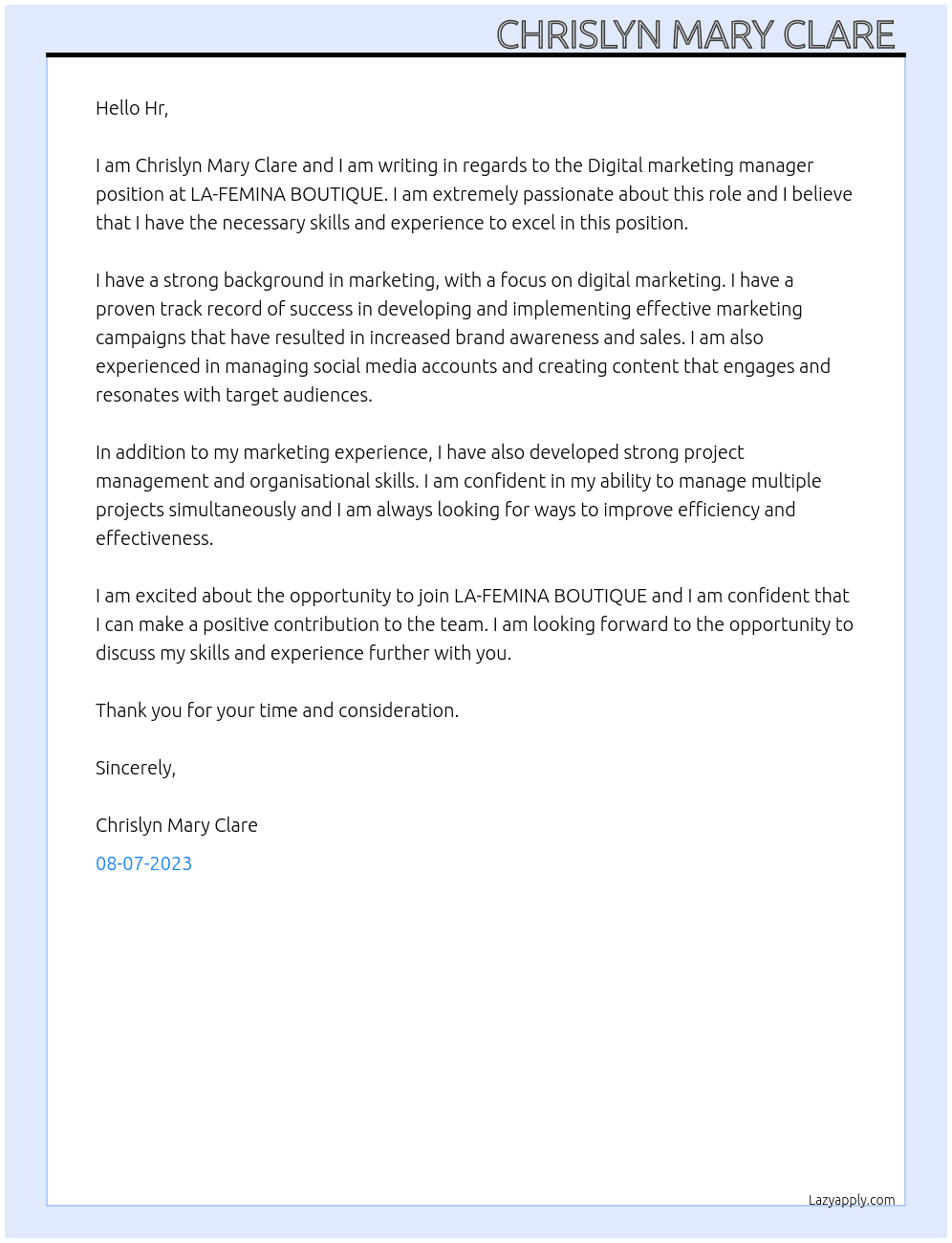 Digital marketing manager  At LA-FEMINA BOUTIQUE  Cover Letter