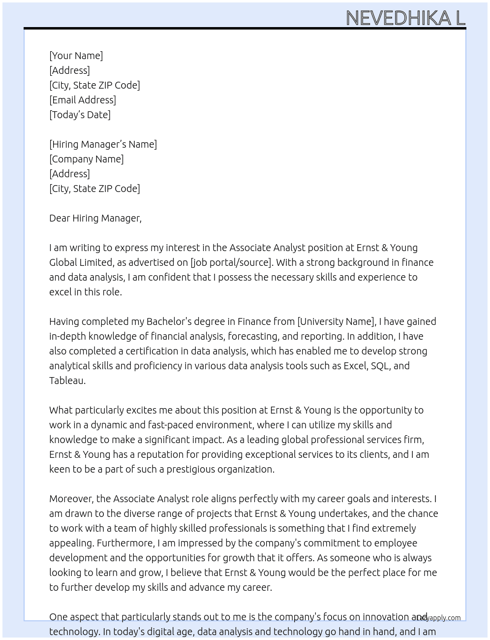 Associate Analyst At Ernst & Young Global Limited Cover Letter