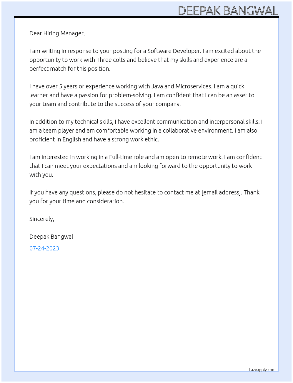 Software Developer At Three colts Cover Letter