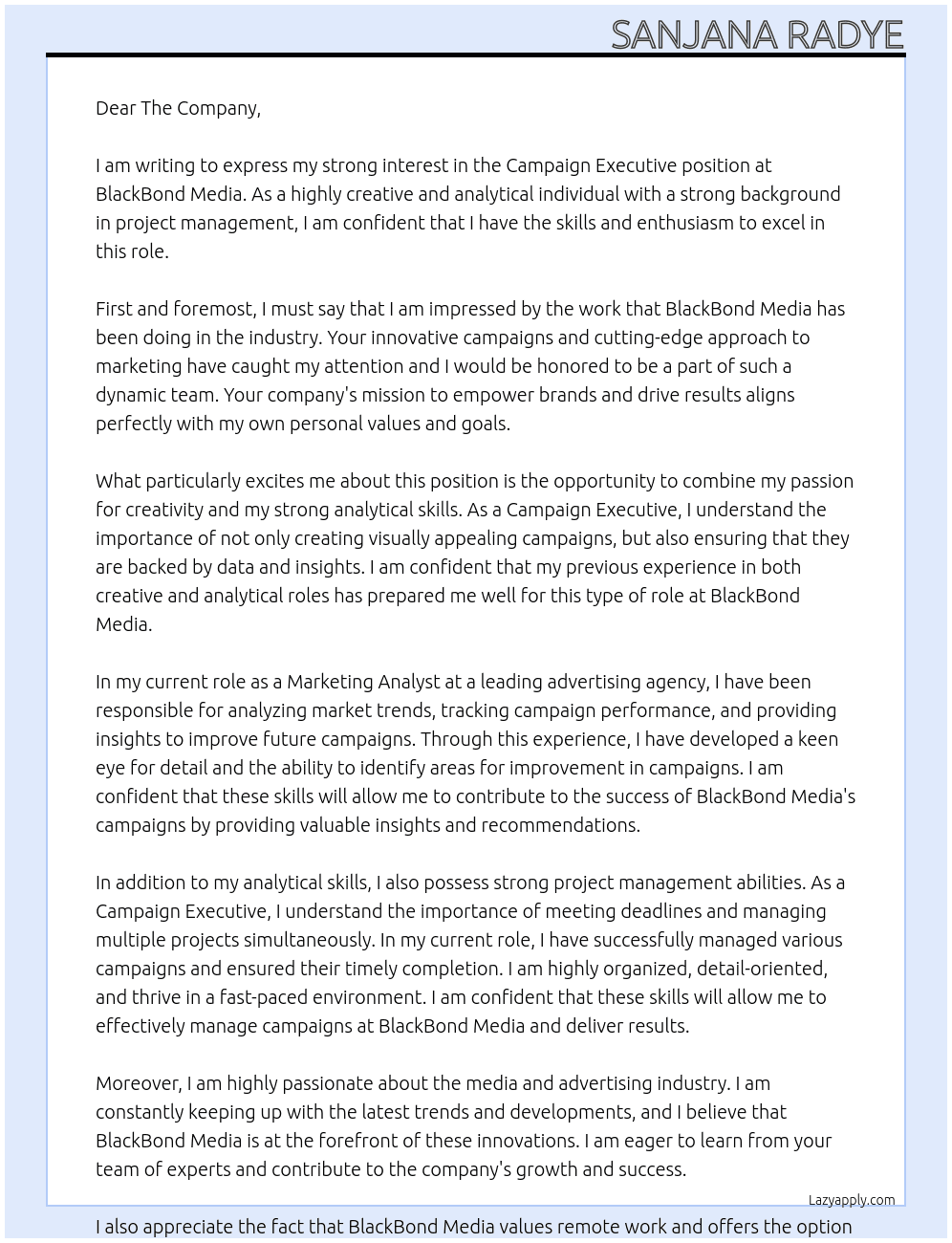 Campaign Ececutuve At BlackBond Media  Cover Letter