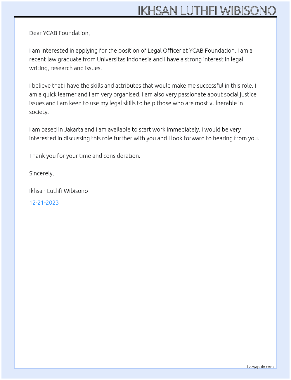 Legal Officer At YCAB Foundation Cover Letter