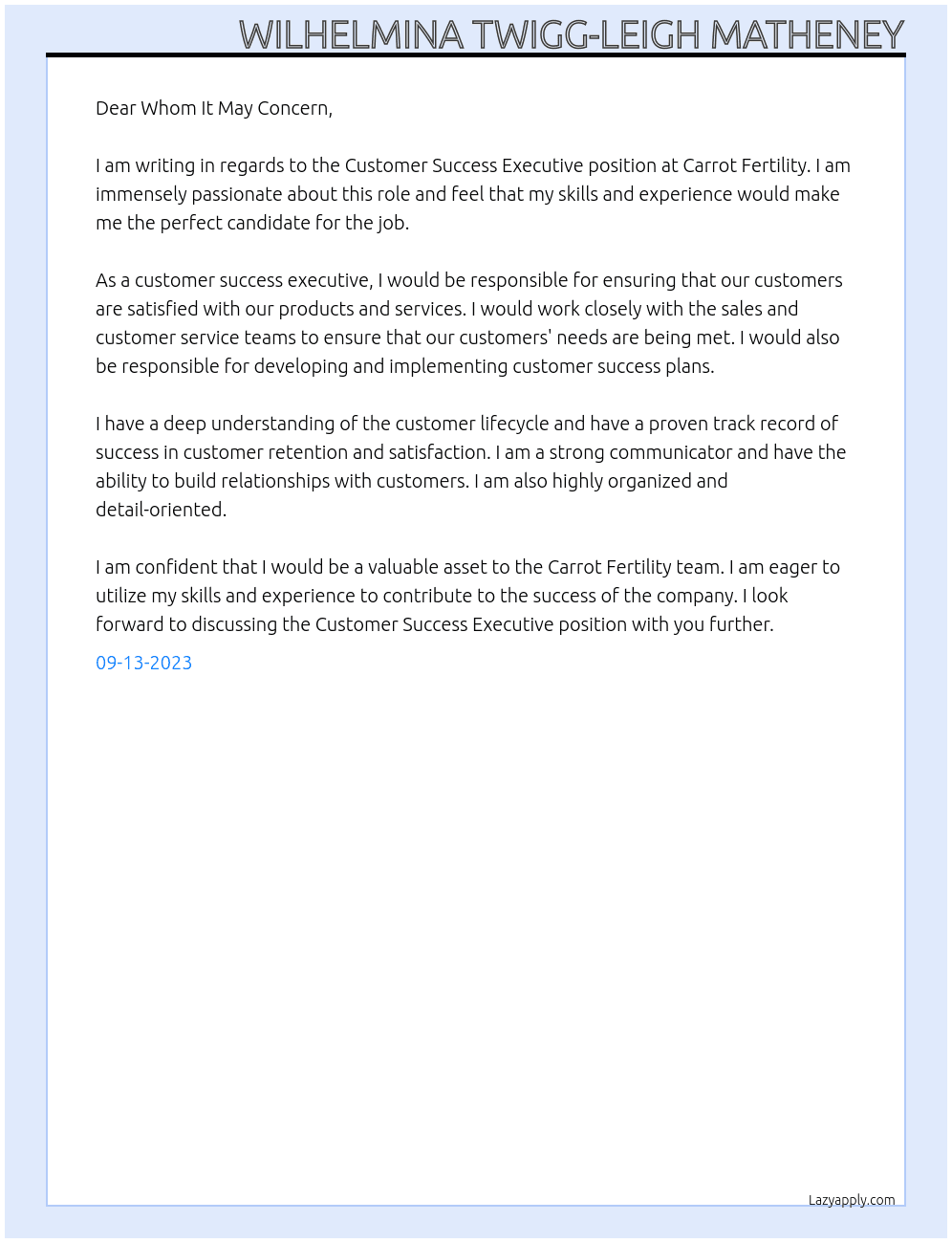 Customer Success Executive At Carrot Fertility Cover Letter