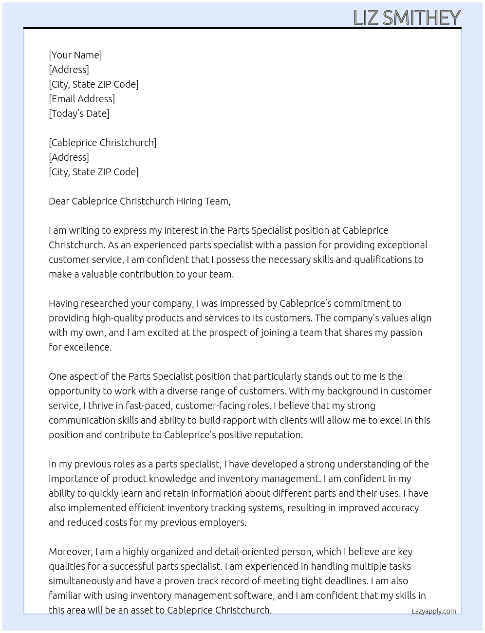 Parts Specialist At Cableprice Cover Letter