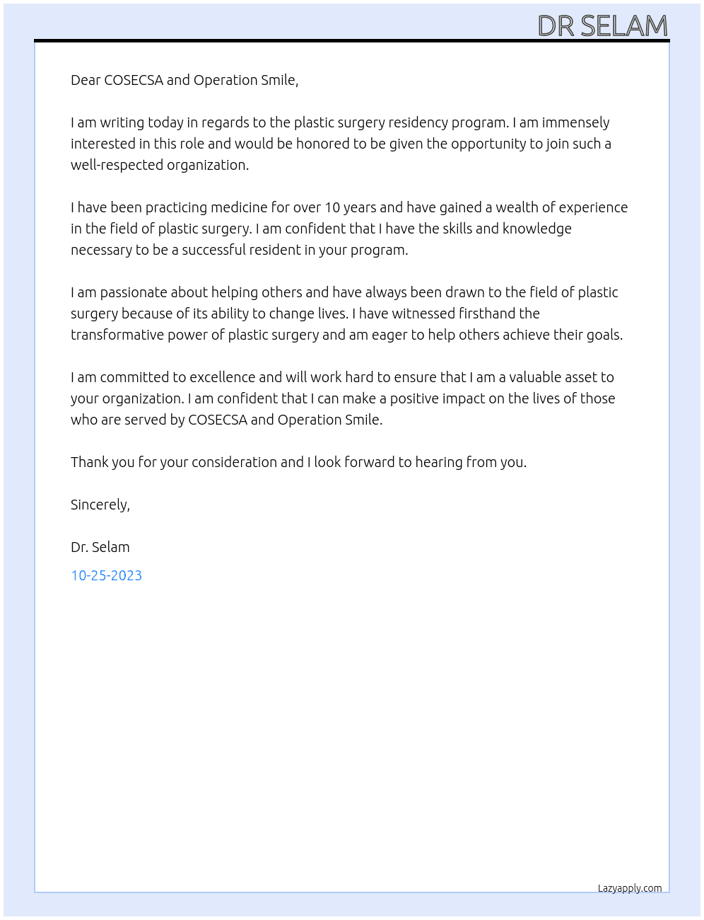 Plastic surgery residency program At COSECSA and operation smile  Cover Letter
