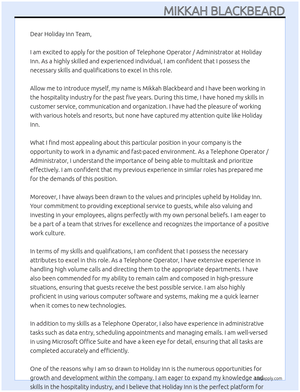Telephone operator / Administrator At Holiday inn  Cover Letter