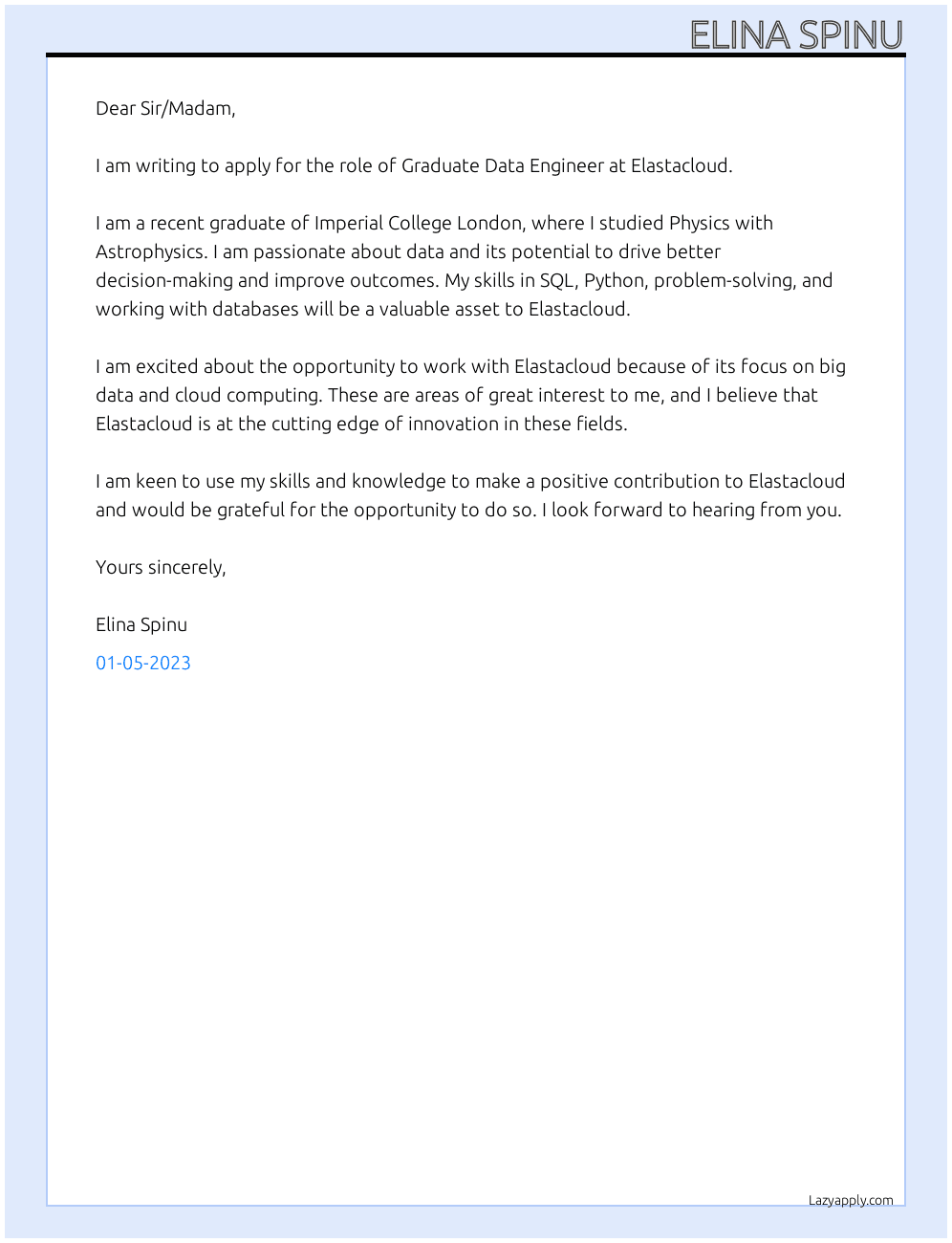 Graduate Data Engineer At Elastacloud  Cover Letter
