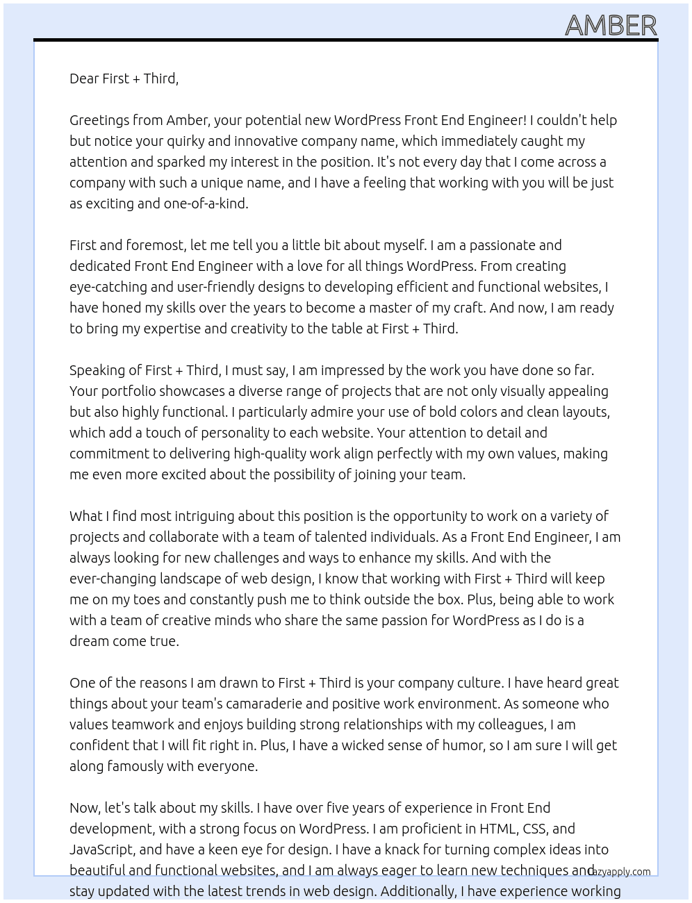 Wordpress Front End Engineer At First + Third Cover Letter