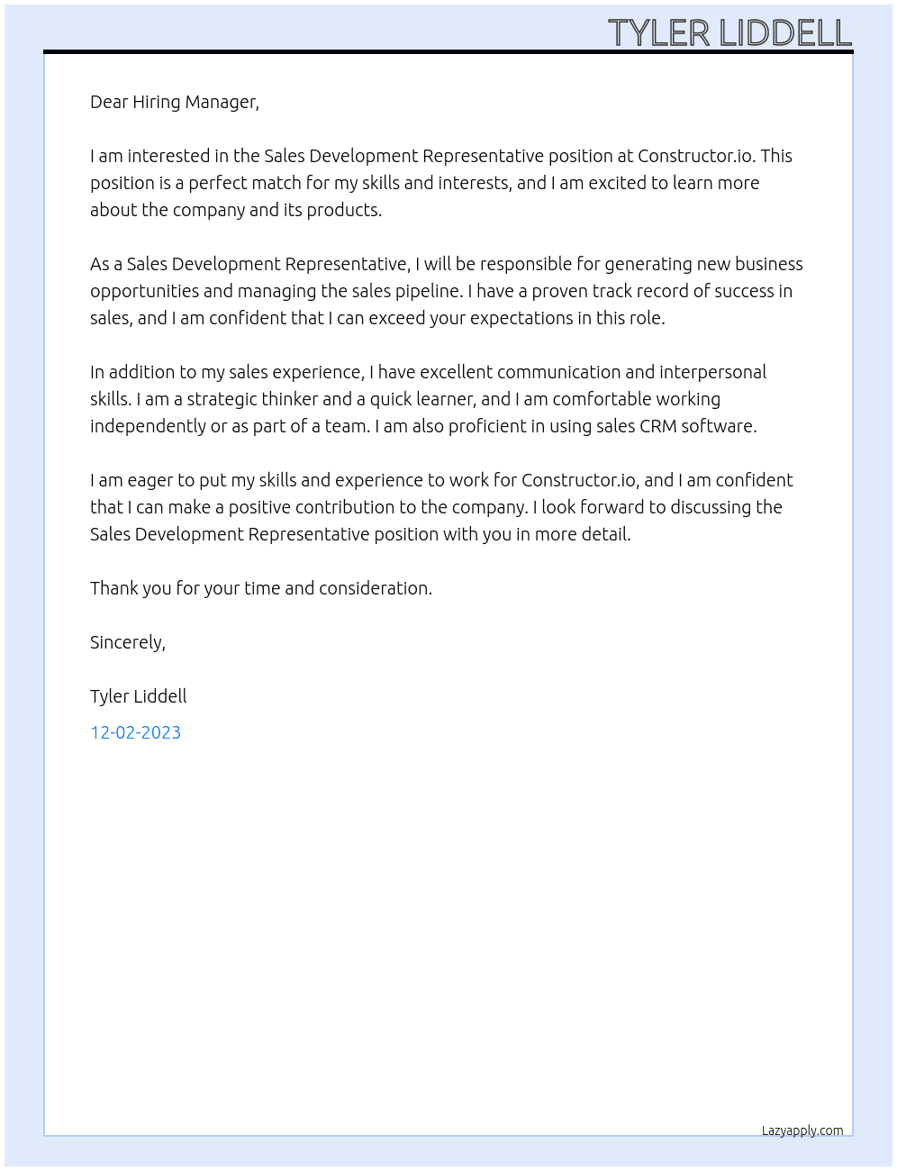 Sales Development Representative At Constructor.io Cover Letter