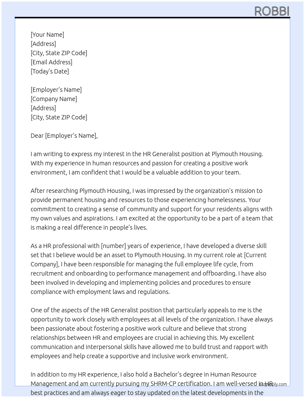 HR Generalist At Plymouth Housing Cover Letter