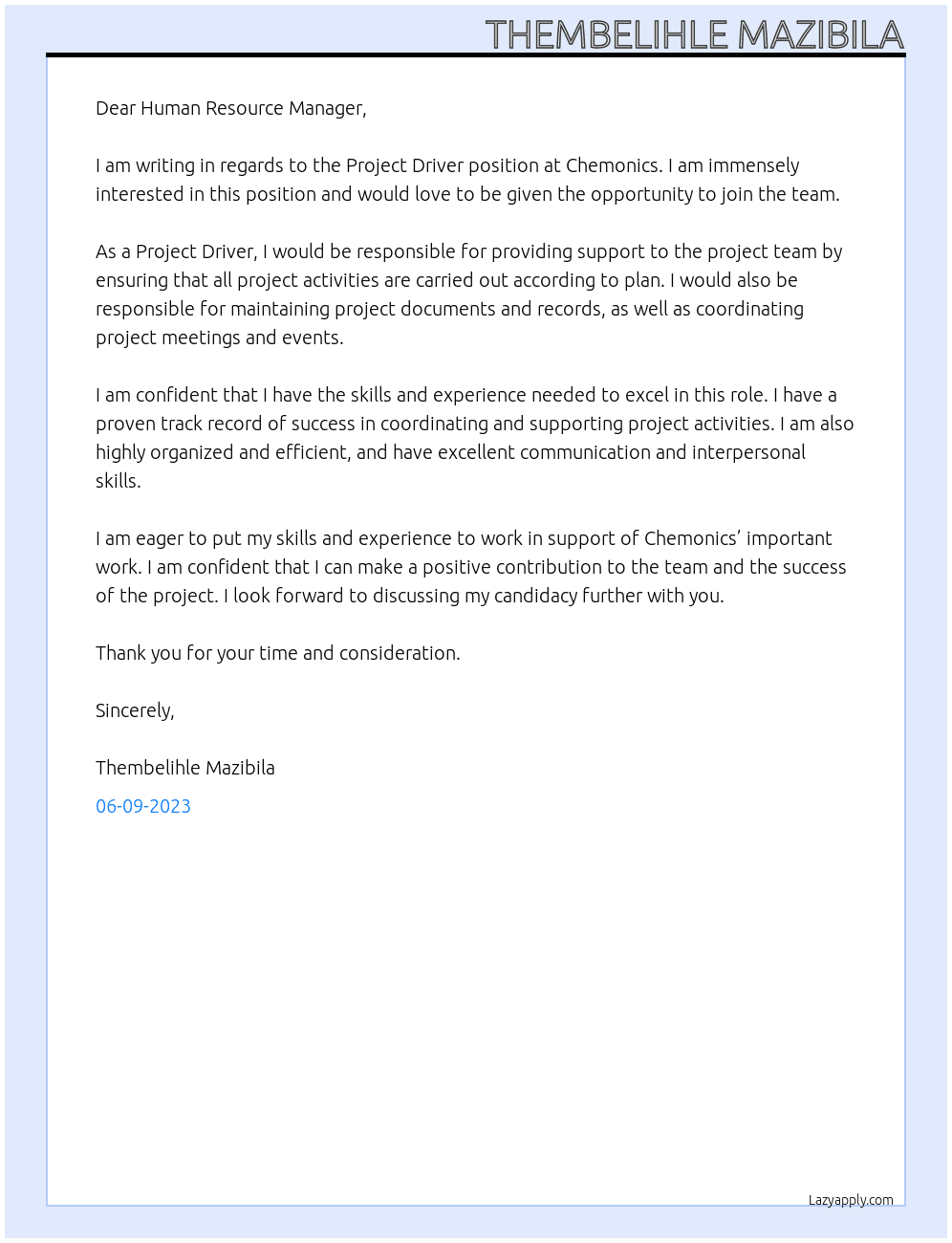 Project Driver At Chemonics Cover Letter