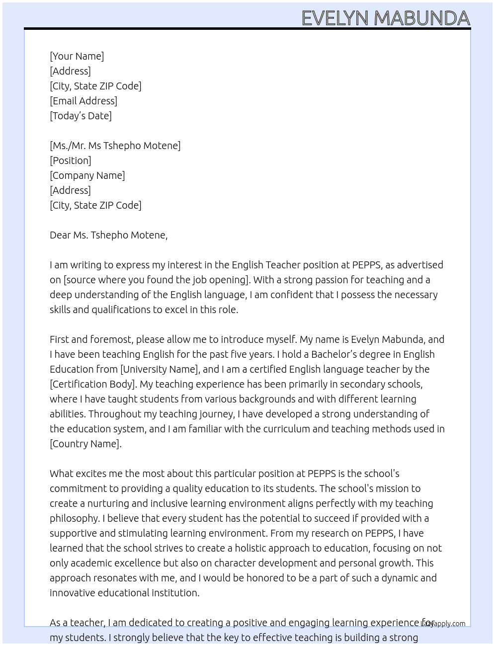 English Teacher At PEPPS Cover Letter