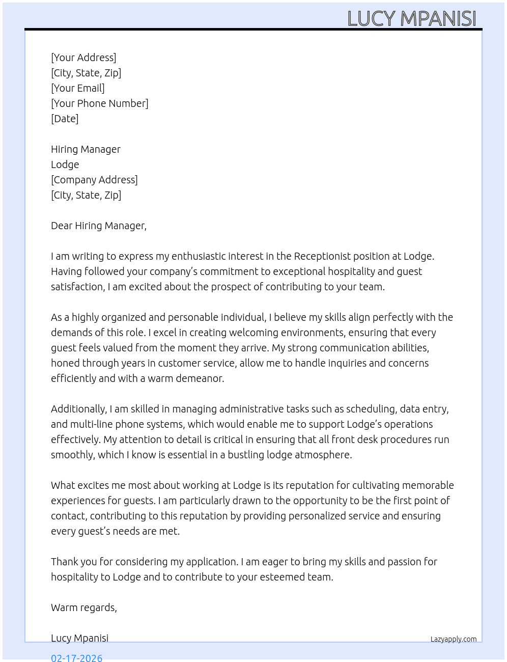 Receptionist At Lodge Cover Letter