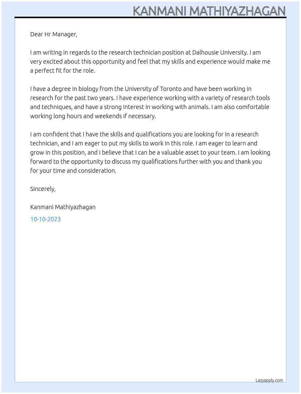Research technician At Dalhousie university Cover Letter