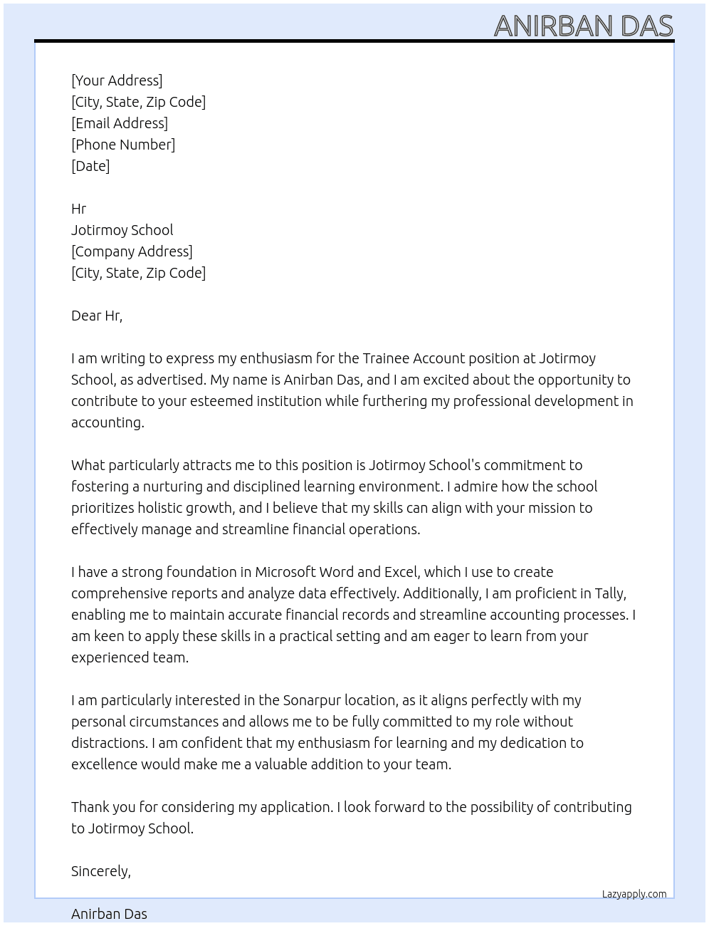 Cover letter for trainee account - LazyApply