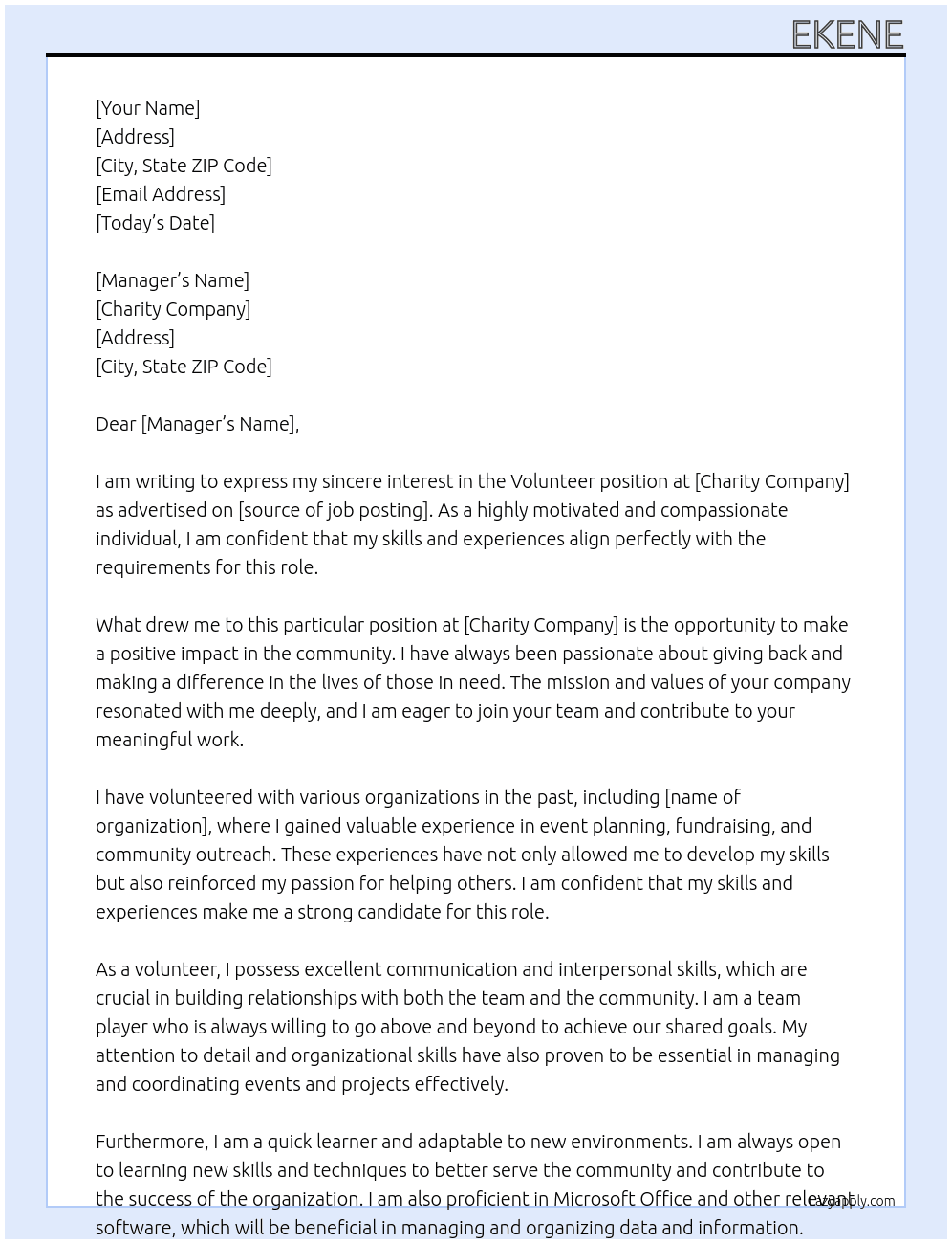 Volunteer  At Charity company Cover Letter