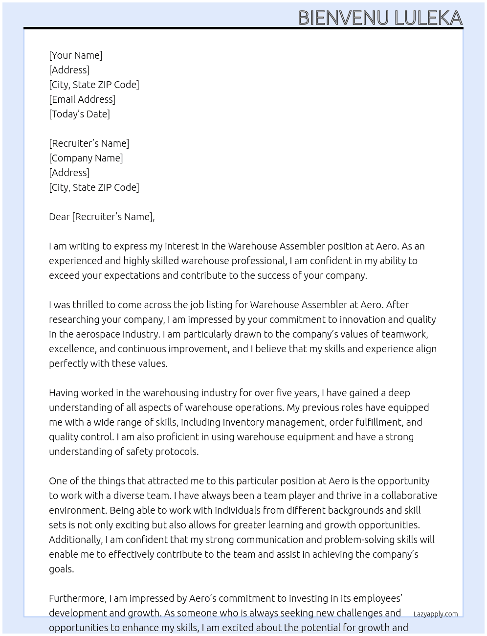 Cover letter for warehouse assembler - LazyApply