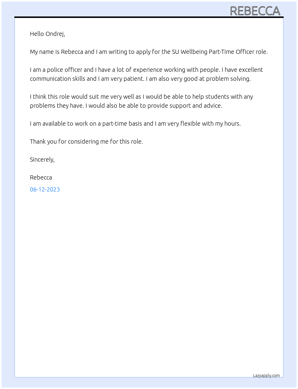 SU WELLBEING PART-TIME OFFICER At Student Union Cover Letter