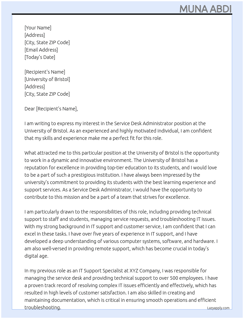 Service Desk Administrator At University of Bristol Cover Letter