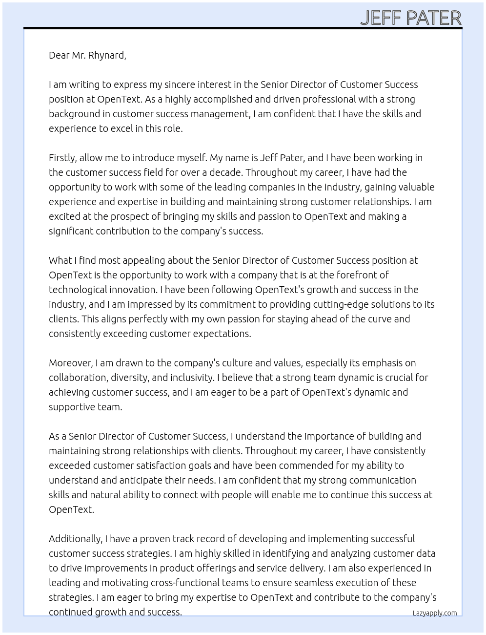 Sr. Director Customer Success At OpenText Cover Letter